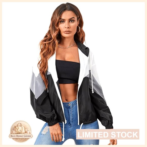 Jackets & Blazers - Color Block Hooded Windbreaker Jacket Casual Thin Soft Oversized Y2K